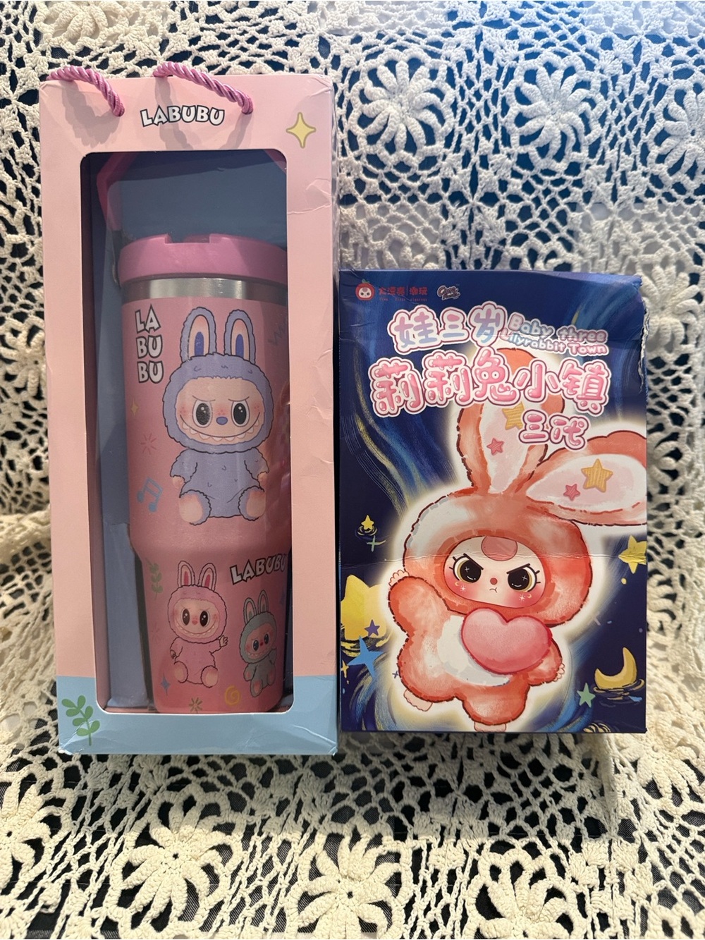 LABUBU Pink Bunny Travel Tumbler & Baby three mystery box